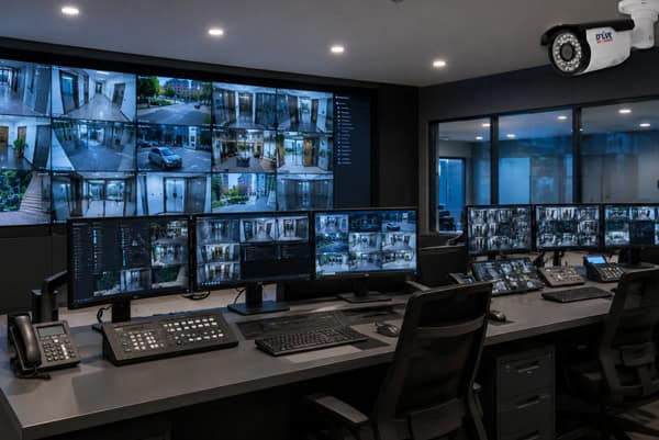 사내 보안 상황을 다중 모니터로 통합 모니터링하는 기업 통제실과 500만 화소 CCTV