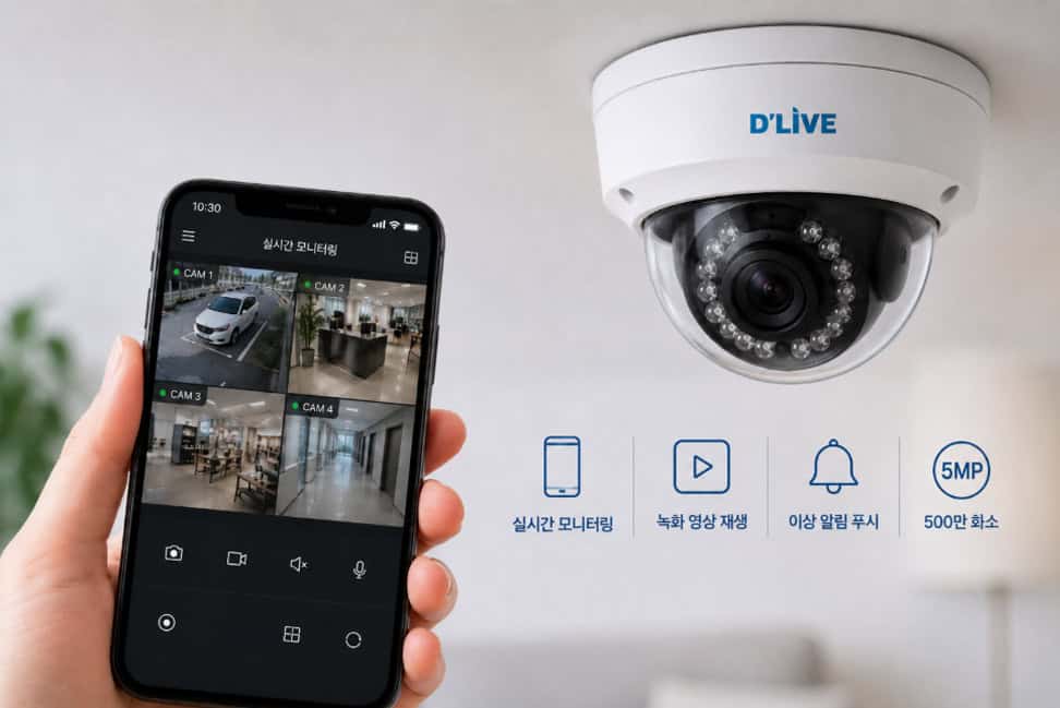dlive-smartphone-cctv-real-time-monitoring 스마트폰 CCTV 전용 앱으로 4채널 분할 화면을 실시간 모니터링하는 모습과 천장에 설치된 딜라이브(D'LIVE) 500만 화소 실내 돔형 감시카메라. 하단에는 스마트폰 실시간 모니터링, 녹화 영상 재생, 이상 알림 푸시, 500만 화소(5MP)를 안내하는 4가지 핵심 기능