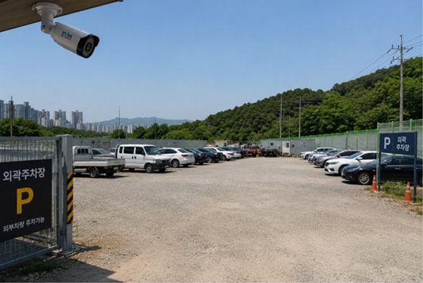벽면이 없는 외곽 공터 주차장의 전반적인 상황을 원격으로 파악하고 야간 무단 쓰레기 투기 및 차량 접근을 감시하기 위해 전용 폴대(지주대)에 설치된 실외용 CCTV