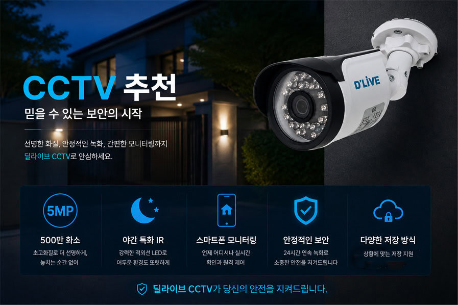 딜라이브뷰 500만 화소 CCTV 추천. 야간 특화 IR, 스마트폰 실시간 모니터링, 24시간 연속 녹화, HDD 및 클라우드 등 다양한 저장 방식을 지원하는 믿을 수 있는 보안 카메라