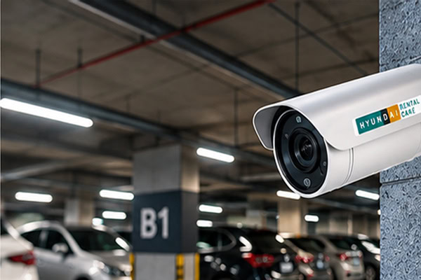 사무실 건물 주차장과 외부 차량 동선을 확인하는 현대 CCTV 설치 예시