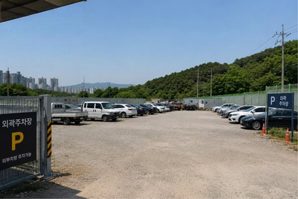 벽면이 없는 외곽 공터 주차장의 전반적인 상황을 원격으로 파악하고 야간 무단 쓰레기 투기 및 차량 접근을 감시하기 위해 전용 폴대(지주대)에 설치된 실외용 CCTV